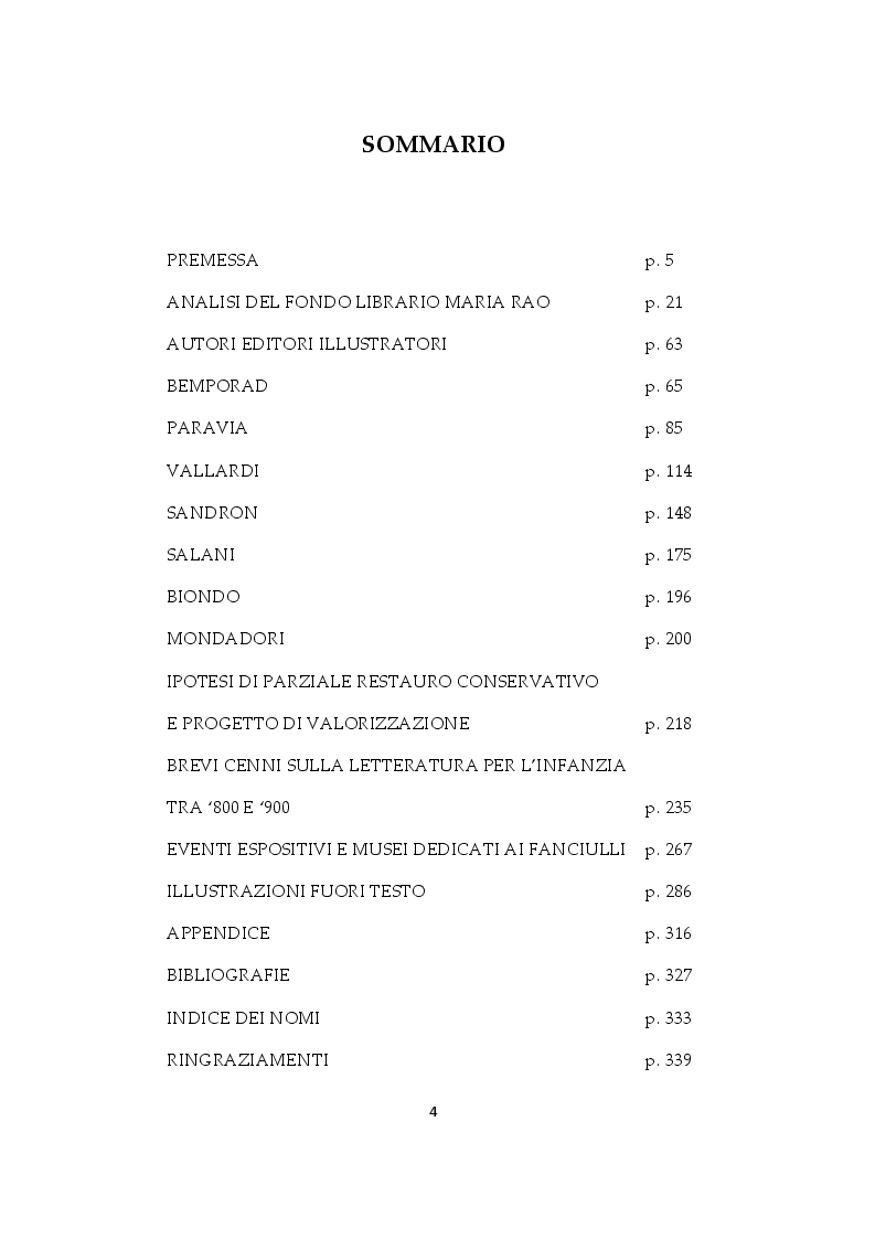 Indice della tesi: Il Fondo librario Maria Rao di letteratura illustrata per ragazzi: dalla descrizione ad una ipotesi di restauro e valorizzazione, Pagina 1