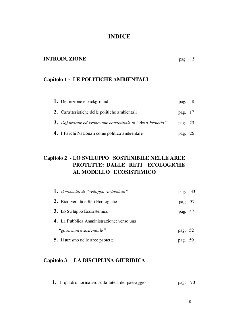 Indice della tesi: Politiche ambientali sostenibili e sviluppo ecosistemico nelle aree protette. Il caso del Parco Nazionale delle Cinque Terre, Pagina 1