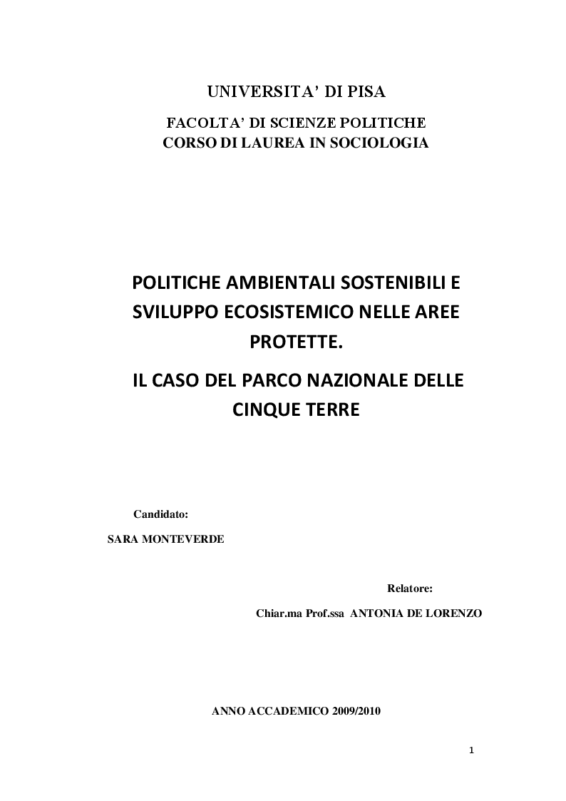Anteprima della tesi: Politiche ambientali sostenibili e sviluppo ecosistemico nelle aree protette. Il caso del Parco Nazionale delle Cinque Terre, Pagina 1