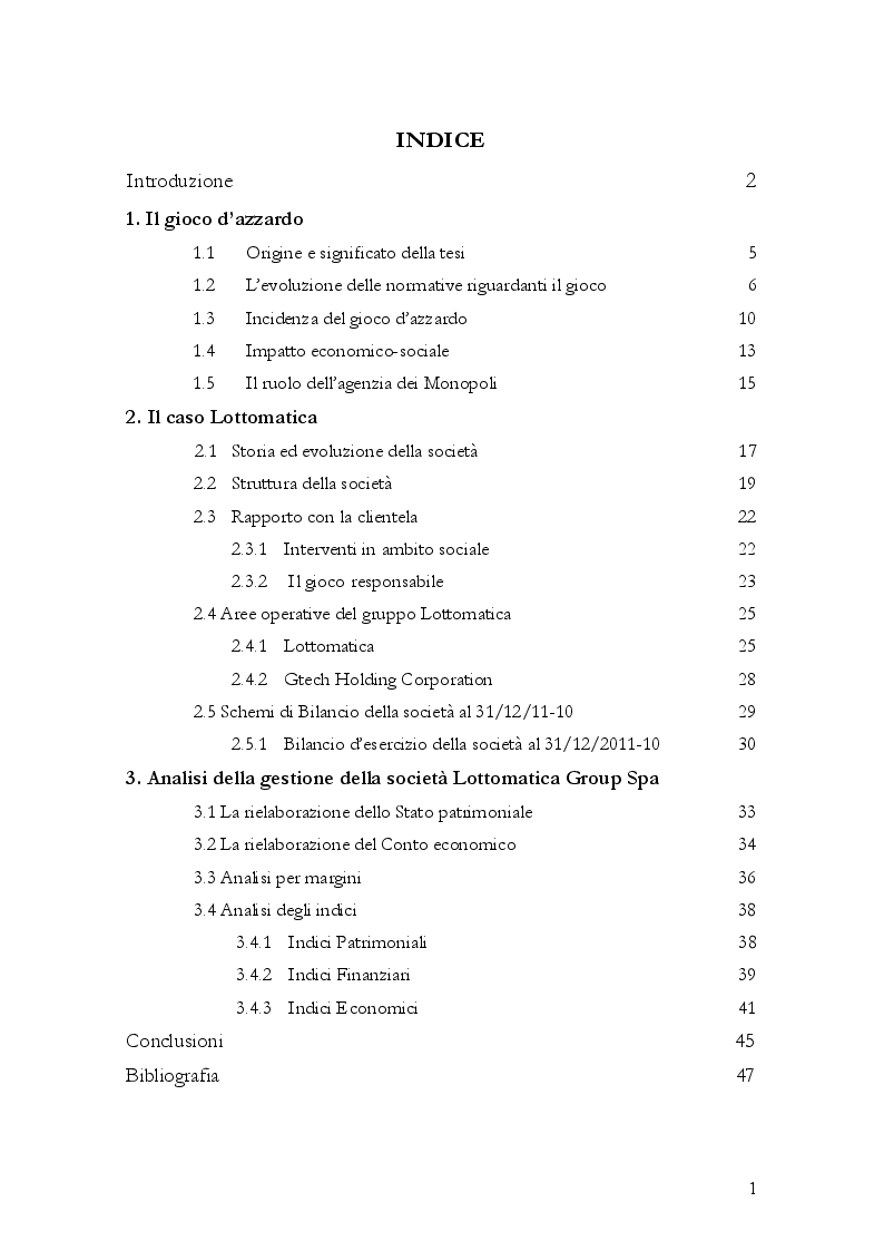 Indice della tesi: Il gioco d'azzardo: il business che non conosce crisi?, Pagina 1