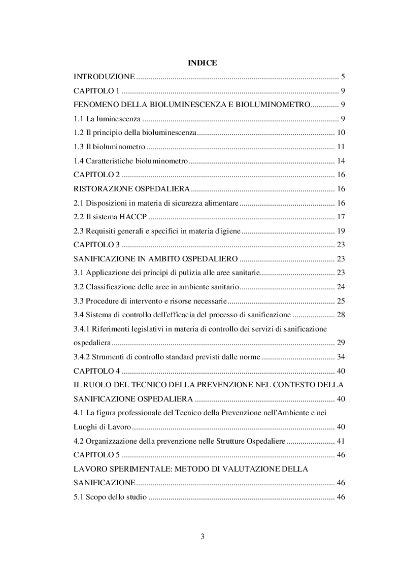 Indice della tesi: La bioluminescenza: un metodo rapido per la validazione dei processi di sanificazione nella ristorazione ospedaliera, Pagina 1