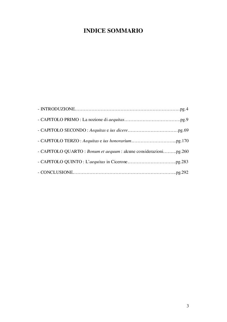 Indice della tesi: Il valore dell'aequitas nella formazione del Ius honorarium, Pagina 1
