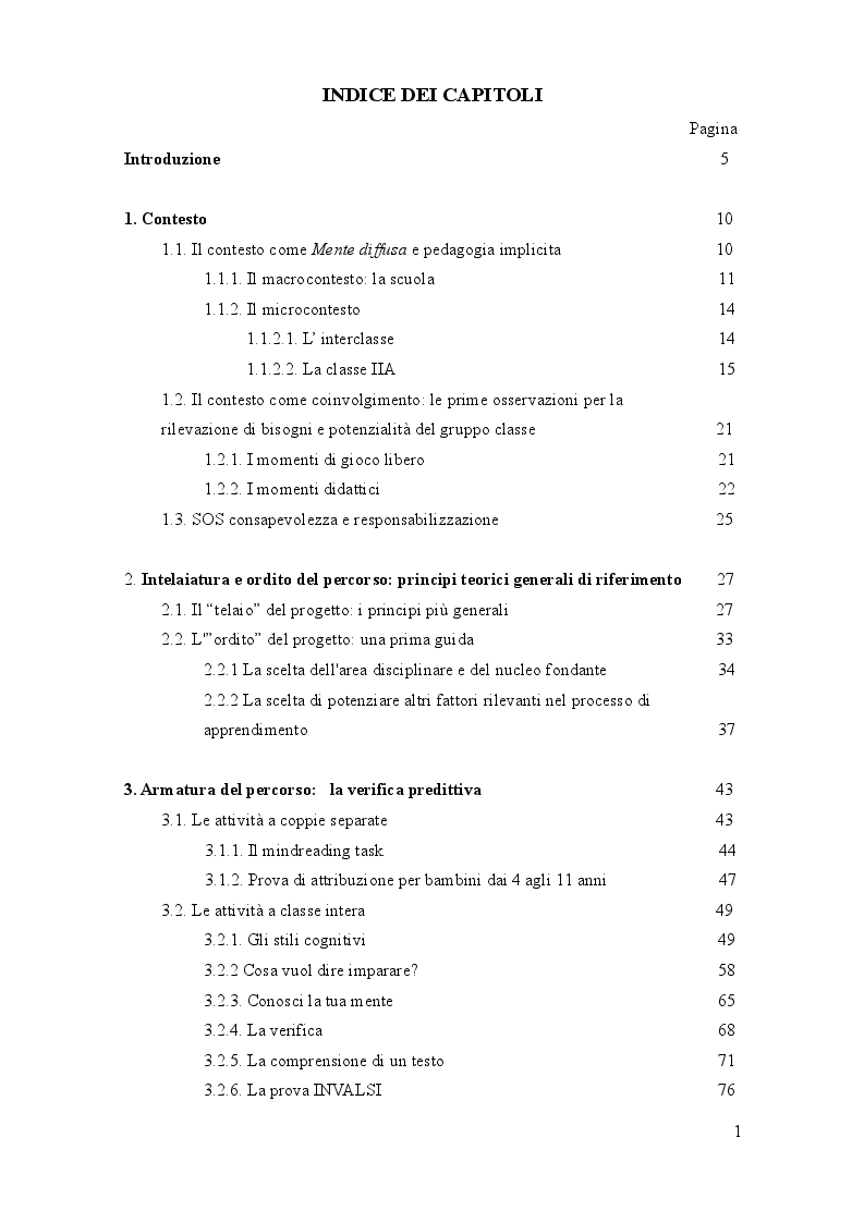 Indice della tesi: Saggia la tua mente. Allena-menti tra cognizione e metacognizione, Pagina 1