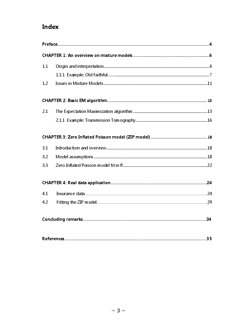 Indice della tesi: Mixture models for count data: the ZIP model, Pagina 1