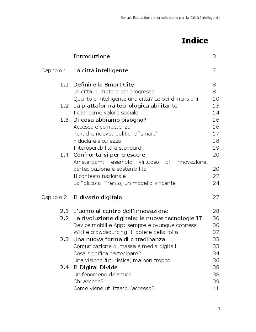 Indice della tesi: Smart Education - Una soluzione per la Città Intelligente, Pagina 1