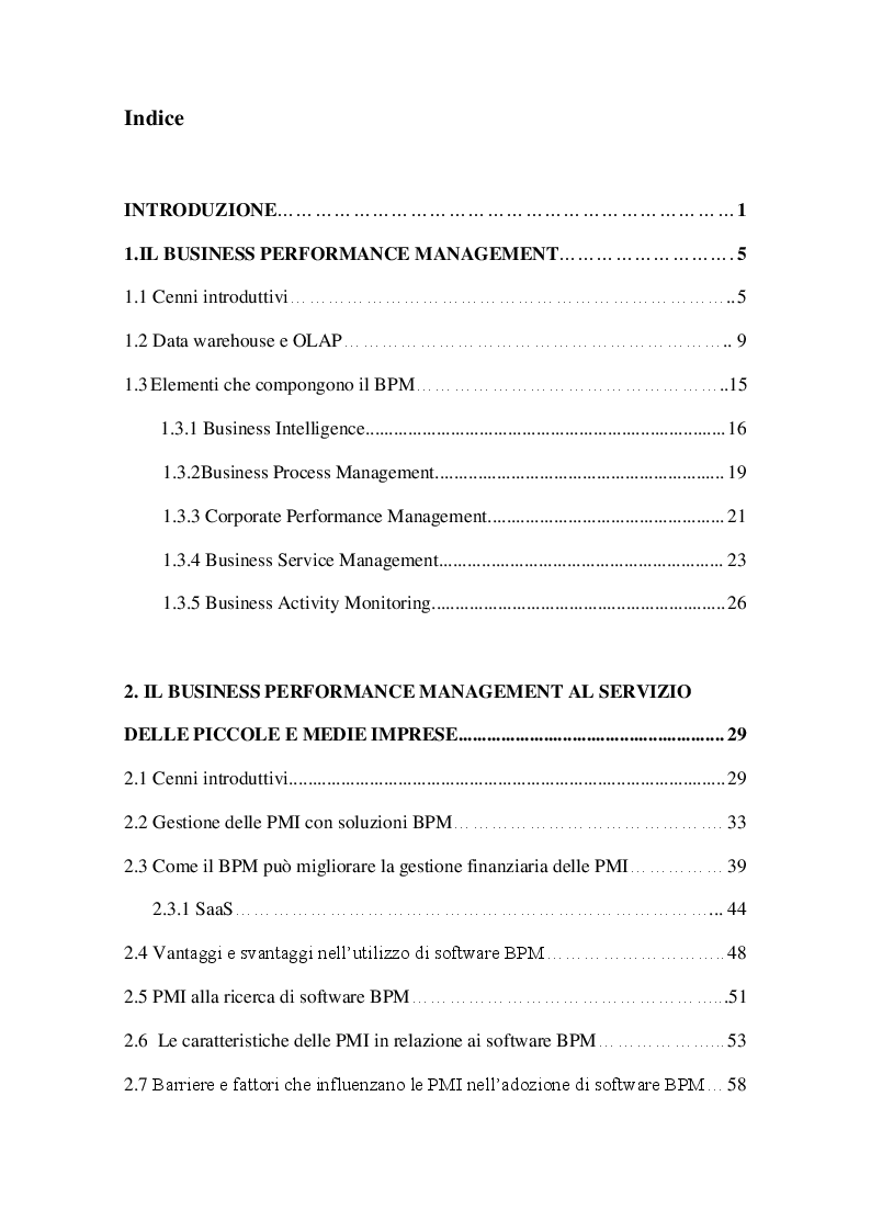 Indice della tesi: Strumenti di Business Performance Management: le offerte per le piccole e medie imprese sul mercato europeo, Pagina 1