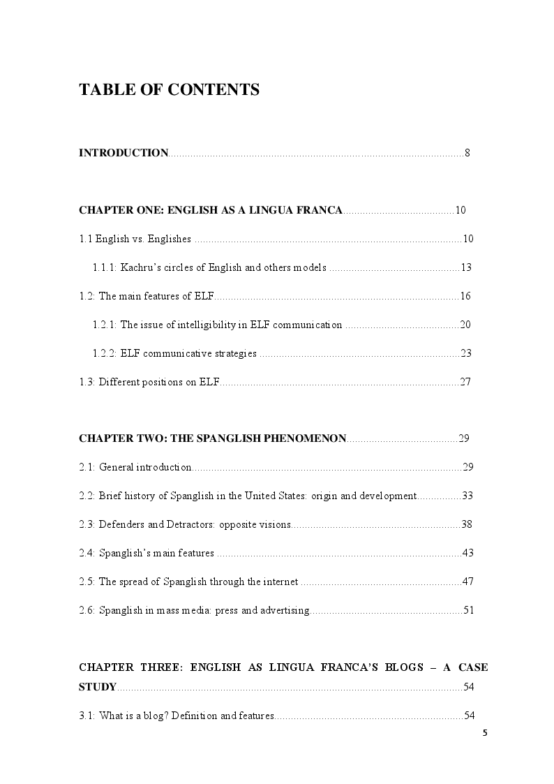 Indice della tesi: English as a Lingua Franca and Spanglish in blog communication: a case study, Pagina 1