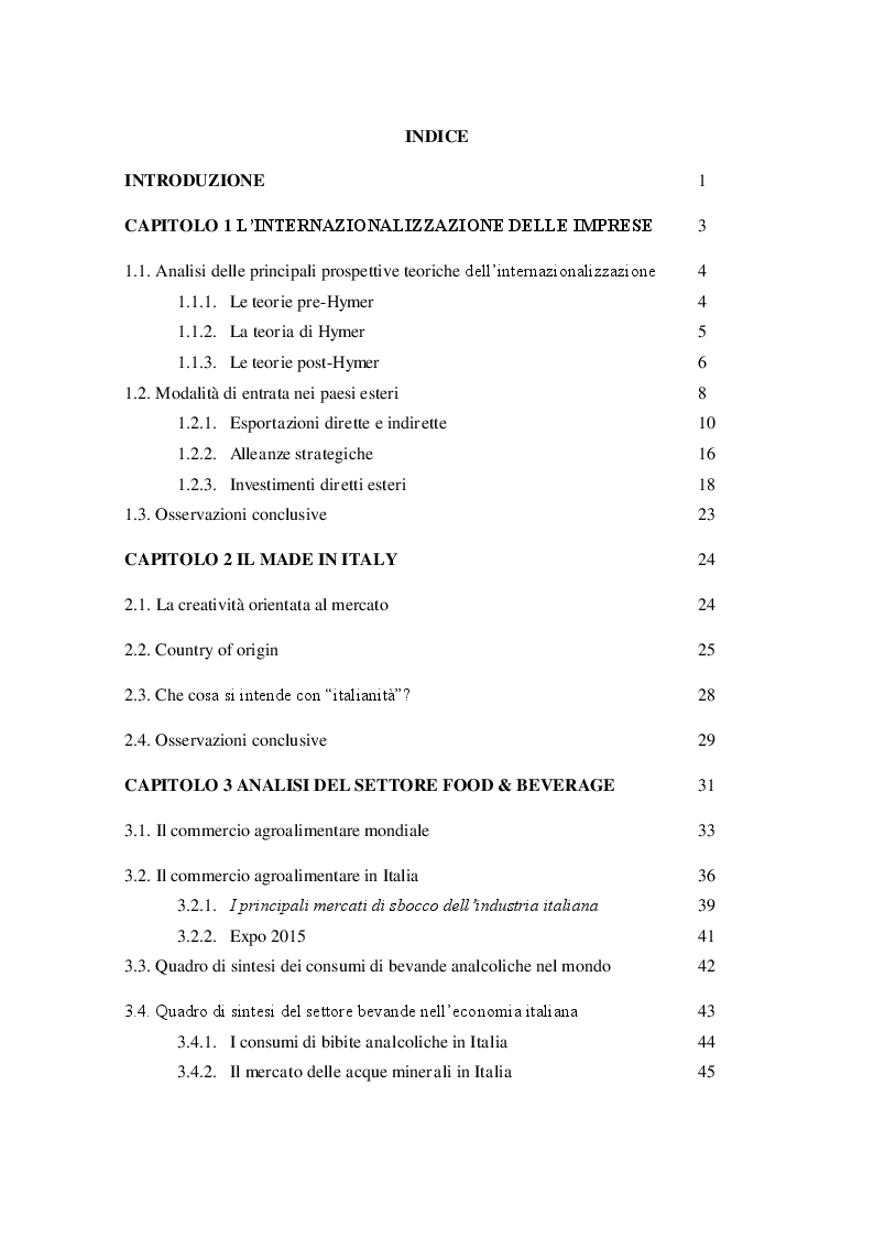 Indice della tesi: Internazionalizzazione & Made in Italy: il caso Sanpellegrino S.p.a., Pagina 1