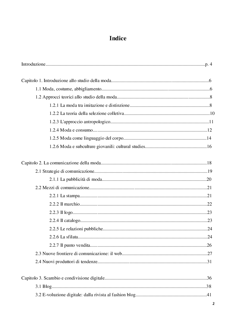 Indice della tesi: La moda è social. Comunicazione e condivisione al tempo dei fashion blog, Pagina 1