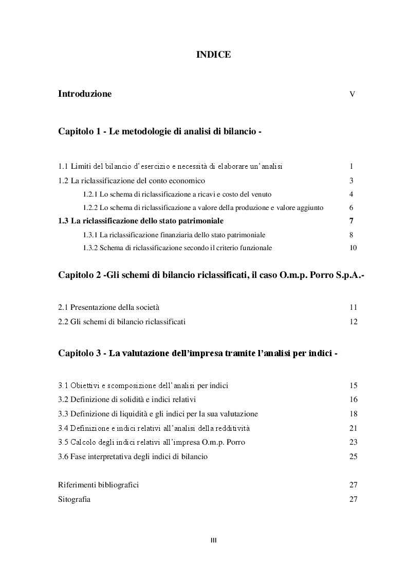 Indice della tesi: L'analisi del bilancio d'esercizio dell'impresa O.M.P. Porro S.p.A., Pagina 1