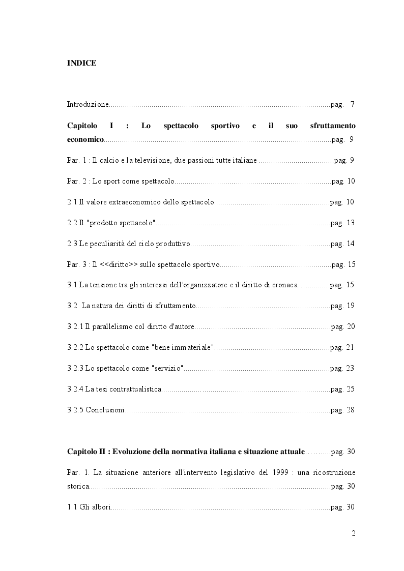 Indice della tesi: I diritti audiovisivi del calcio in Italia e in Europa, Pagina 1