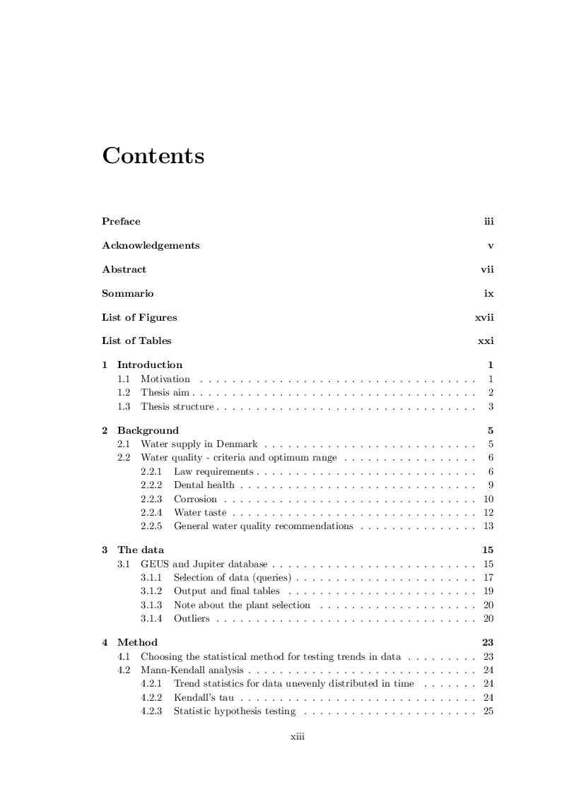 Indice della tesi: Statistical investigation of trends and spatial distribution of Danish drinking water quality, Pagina 1