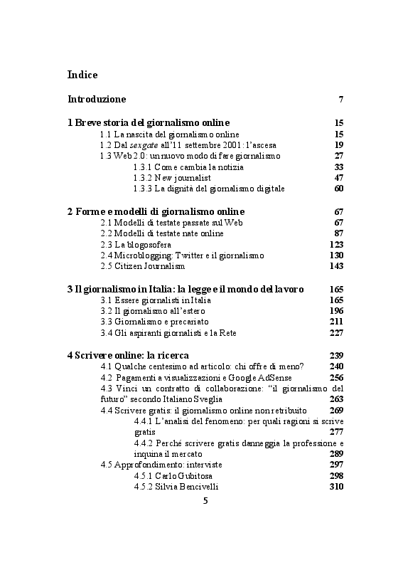 Indice della tesi: Giornalismo online: dalla retribuzione alla visibilità, Pagina 1