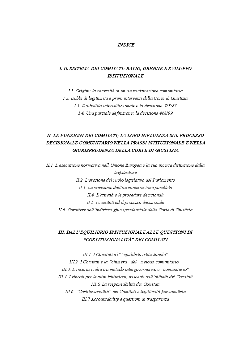 Indice della tesi: I Comitati nel quadro istituzionale dell'Unione Europea, Pagina 1