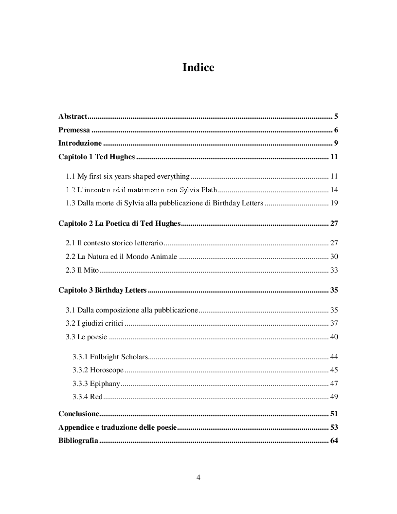 Indice della tesi: Birthday letters di Ted Hughes, Pagina 1