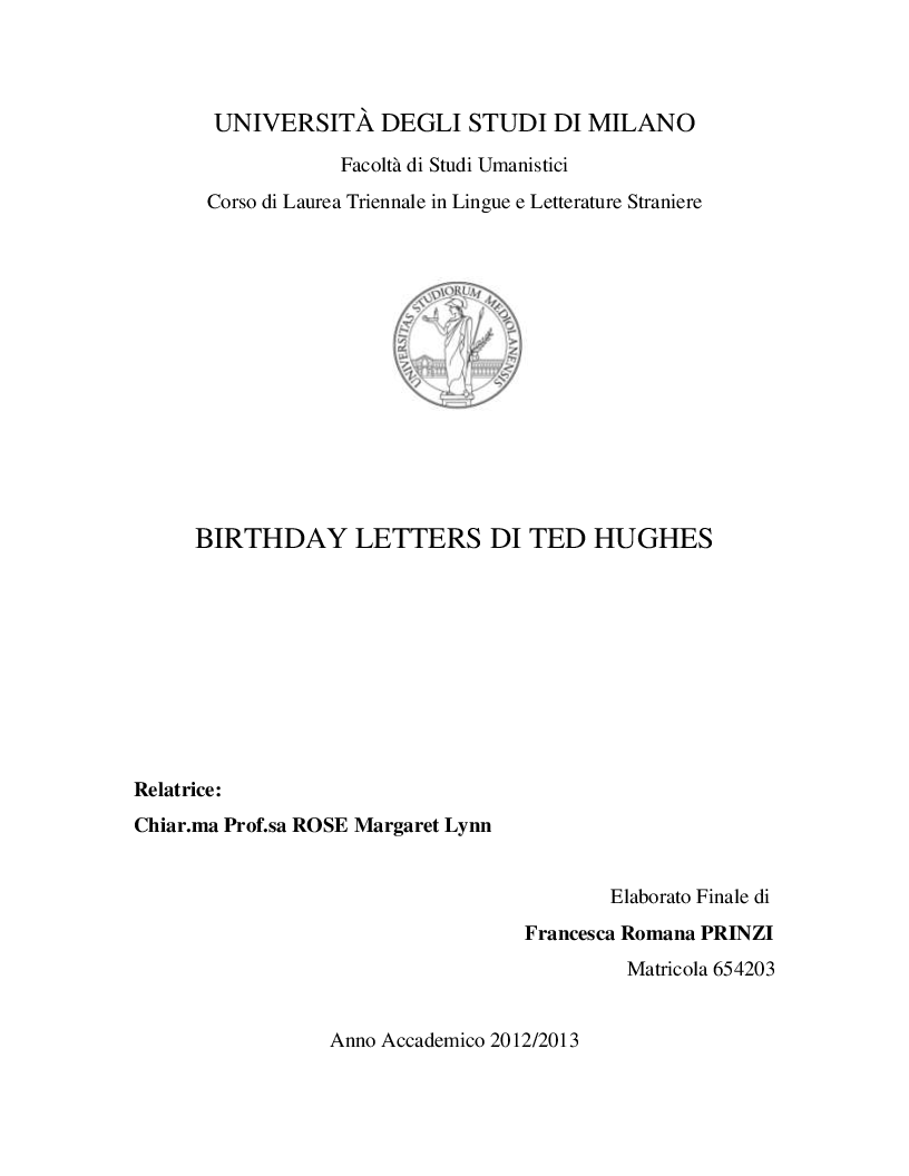 Anteprima della tesi: Birthday letters di Ted Hughes, Pagina 1