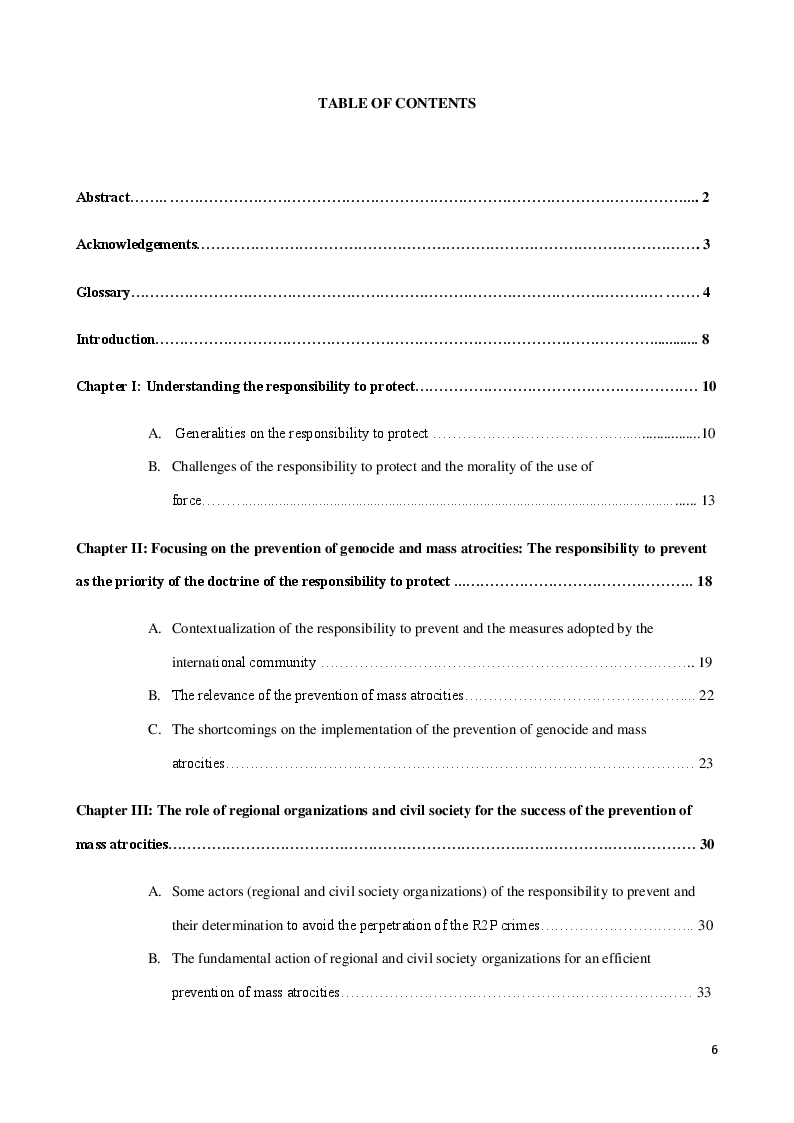 Indice della tesi: The Responsibility to Protect: Focus on the Responsibility to Prevent and the role of Regional and Civil Society Organizations, Pagina 1