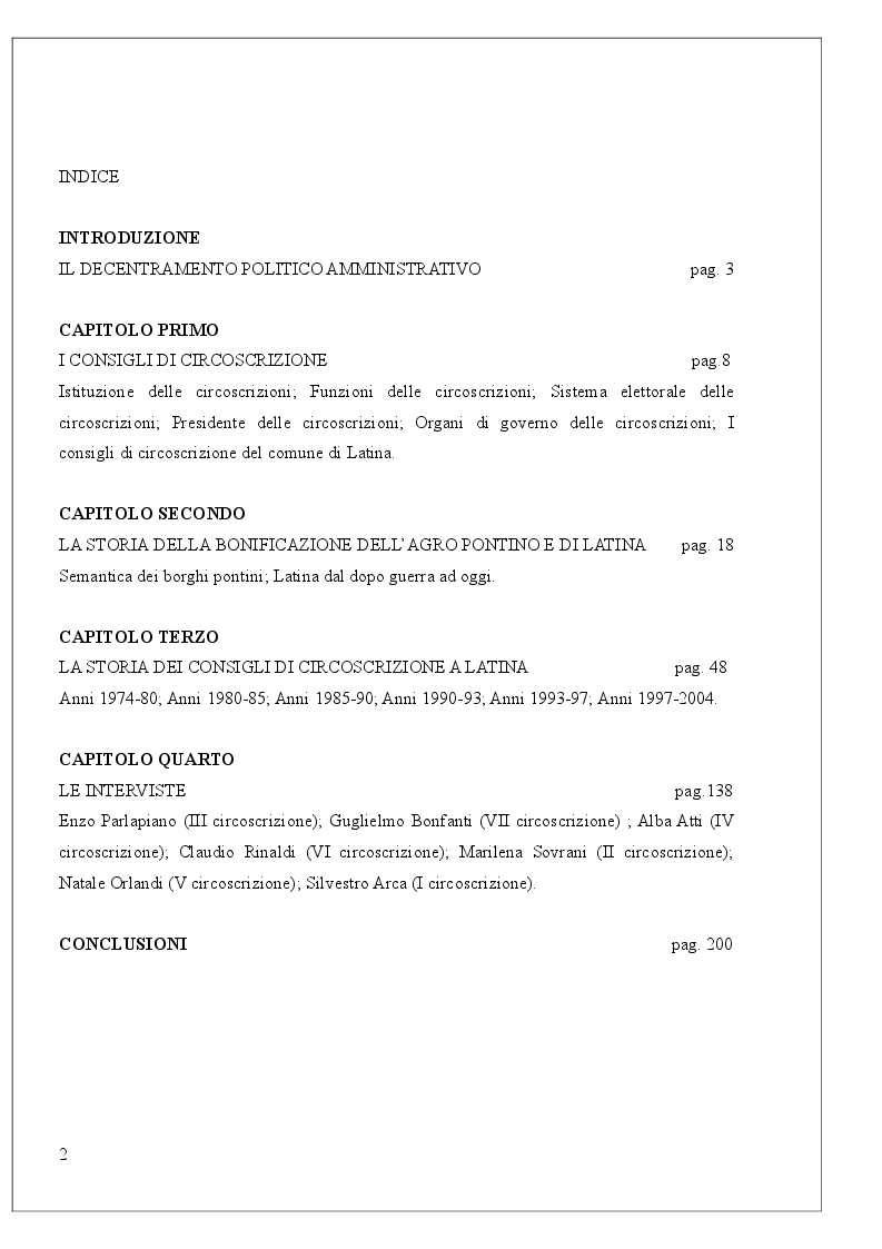 Indice della tesi: Il decentramento politico-amministrativo (il caso di Latina), Pagina 1