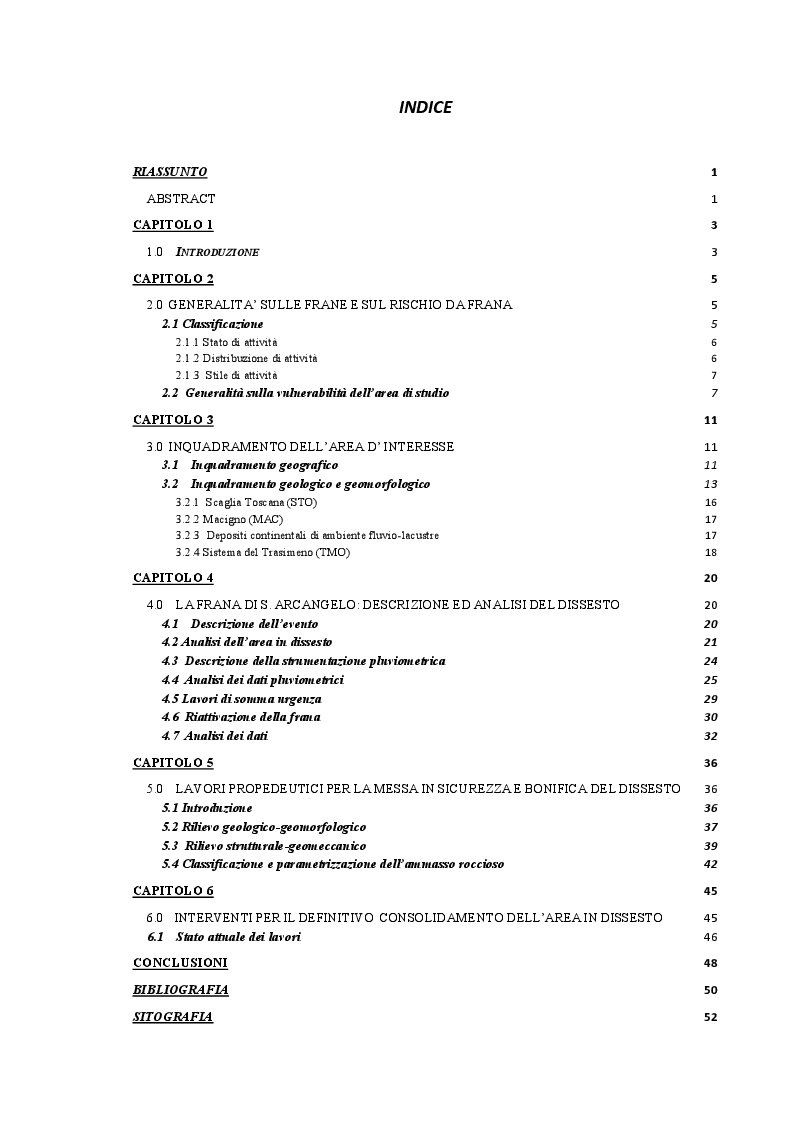 Indice della tesi: Caratterizzazione geologico-tecnica dell'area in dissesto al km 9+800 della S.R.N° 599 in località S.Arcangelo di Magione (PG), Umbria, Pagina 1