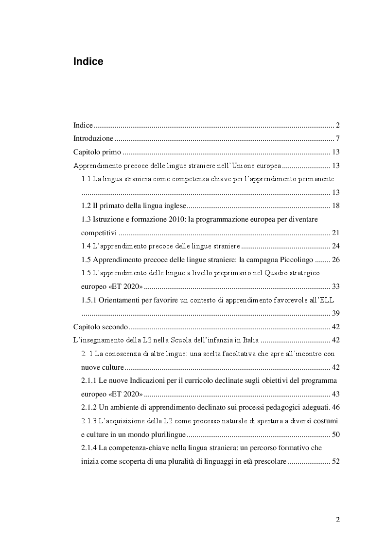 Indice della tesi: L'insegnamento della lingua inglese nella scuola dell'infanzia, Pagina 1