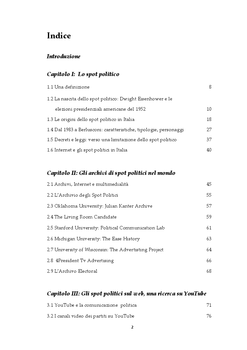 Indice della tesi: Gli archivi e i canali online di spot politici nel mondo, tra memoria e propaganda, Pagina 1