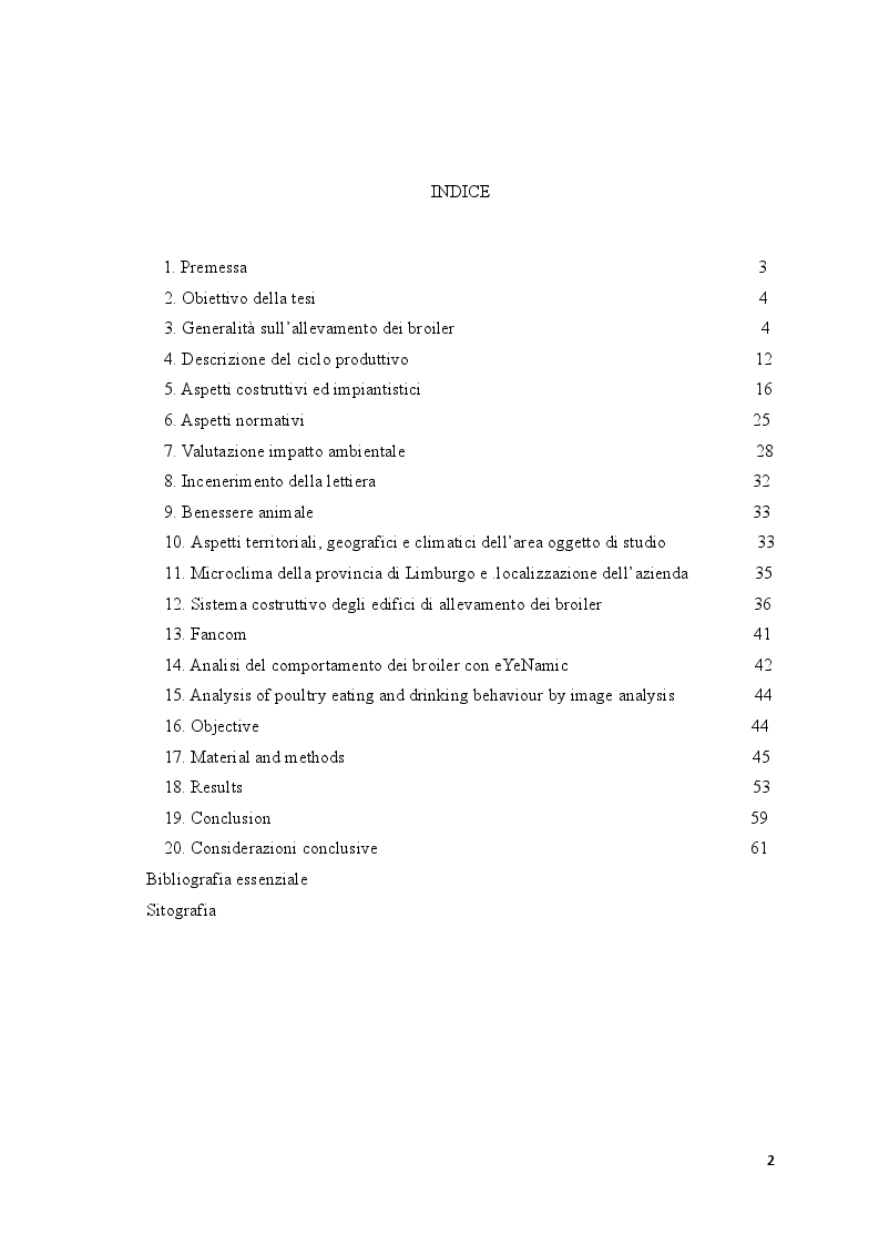 Indice della tesi: Complessi edilizi per broiler, allevamento e benessere animale. Monitoraggio a distanza del comportamento dei volatili, analisi dei dati mediante software Eyenamic., Pagina 1