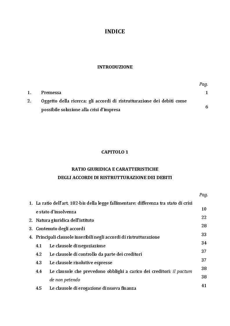 Indice della tesi: Gli accordi di ristrutturazione dei debiti, Pagina 1