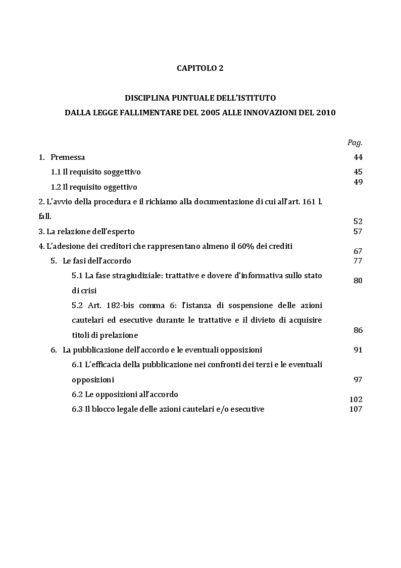 Indice della tesi: Gli accordi di ristrutturazione dei debiti, Pagina 2
