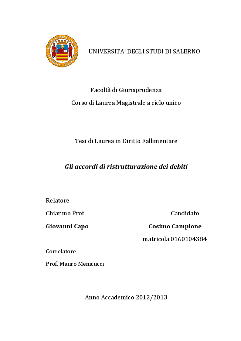 Anteprima della tesi: Gli accordi di ristrutturazione dei debiti, Pagina 1