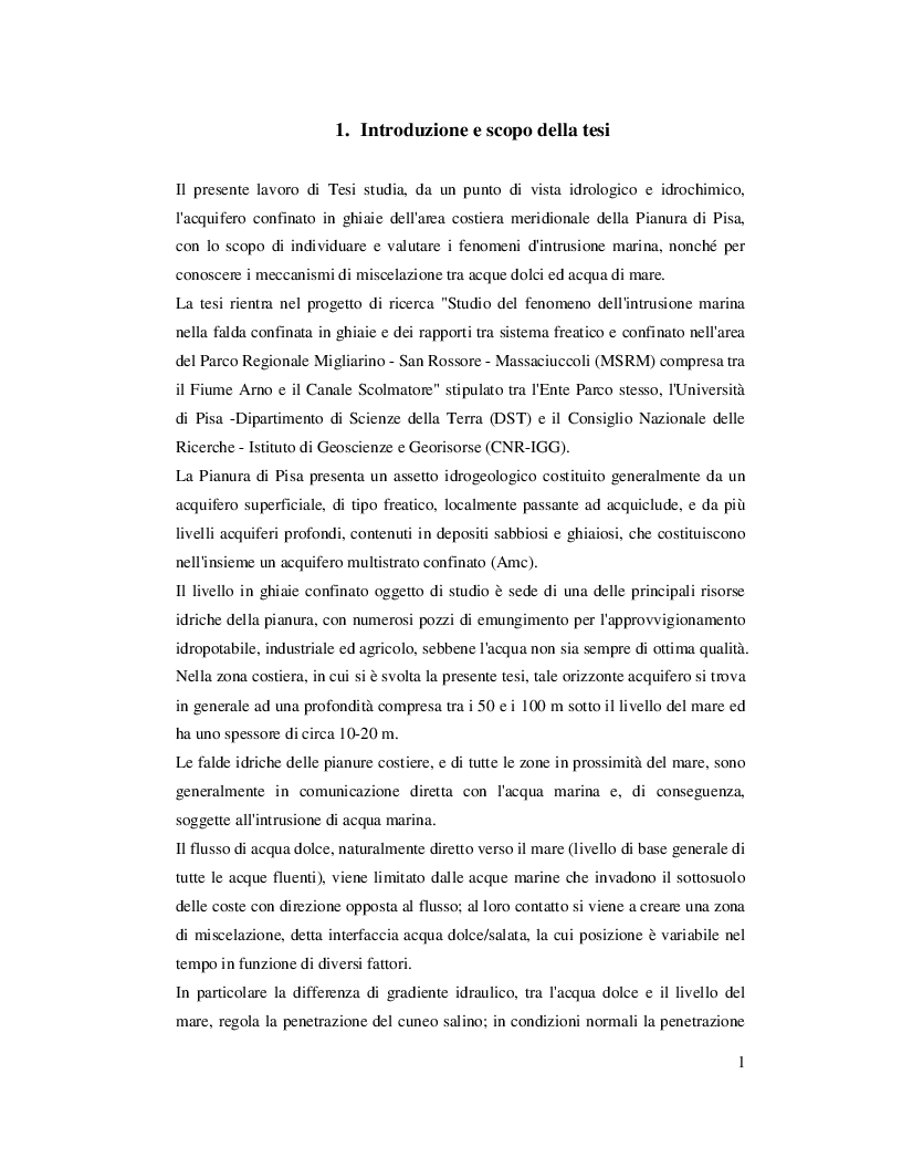 Estratto dalla tesi: L’acquifero confinato in ghiaie della Pianura di Pisa: nuovi dati idrogeologici e geochimici prodotti nell'area costiera e valutazioni sul fenomeno dell’intrusione marina.