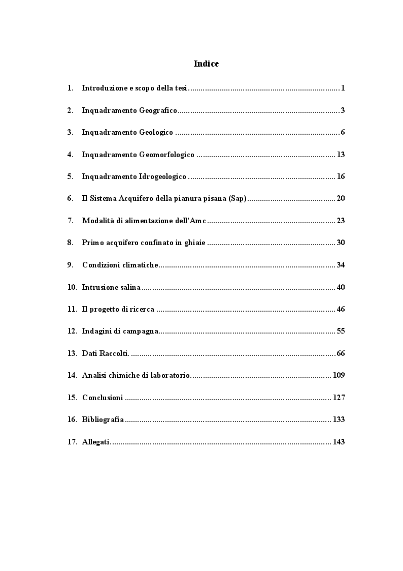 Indice della tesi: L’acquifero confinato in ghiaie della Pianura di Pisa: nuovi dati idrogeologici e geochimici prodotti nell'area costiera e valutazioni sul fenomeno dell’intrusione marina., Pagina 1
