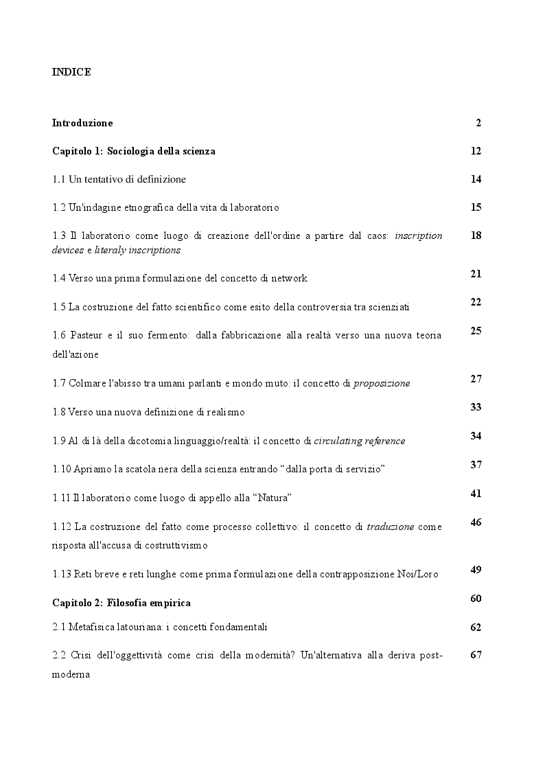 Indice della tesi: Bruno Latour: dalla sociologia della scienza all'antropologia dei moderni. Una proposta interpretativa., Pagina 1