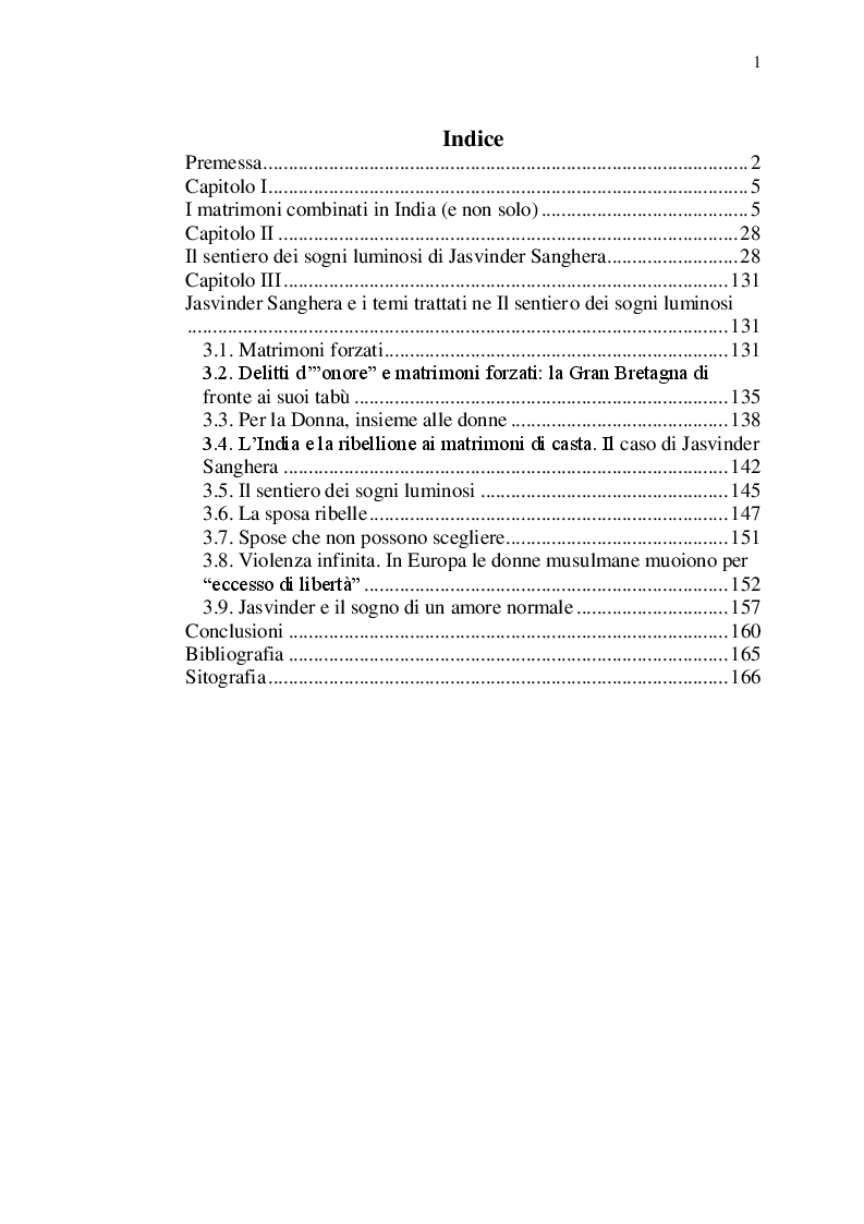 Indice della tesi: ''Il sentiero dei sogni luminosi'' di Jasvinder Sanghera e il tema dei matrimoni combinati nel mondo indiano contemporaneo, Pagina 1