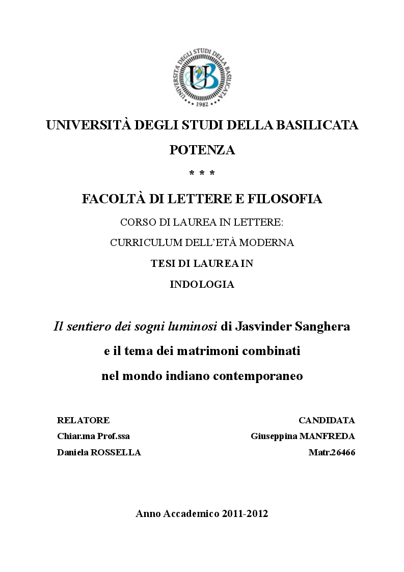 Anteprima della tesi: ''Il sentiero dei sogni luminosi'' di Jasvinder Sanghera e il tema dei matrimoni combinati nel mondo indiano contemporaneo, Pagina 1
