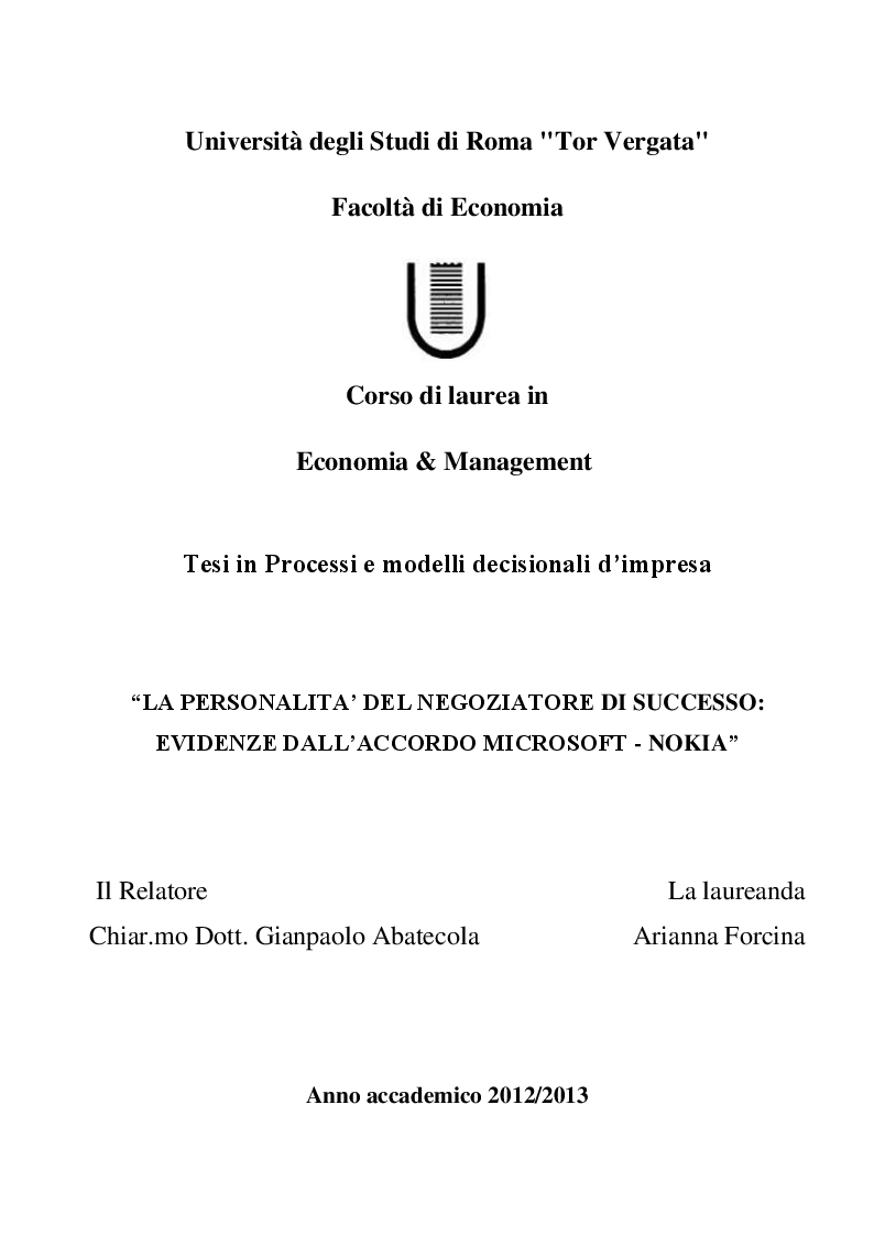 Anteprima della tesi: La personalità del negoziatore di successo: evidenze dall'accordo Microsoft - Nokia, Pagina 1