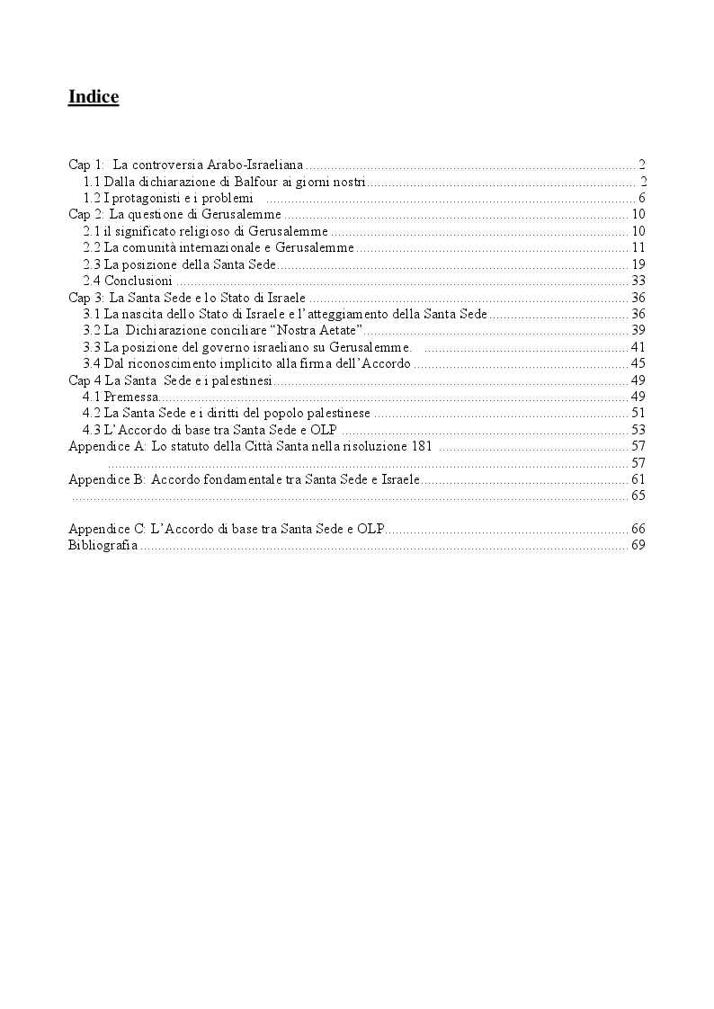 Indice della tesi: La Città Santa di Gerusalemme. Gli aspetti ecclesiasticistici e internazionalistici, Pagina 1