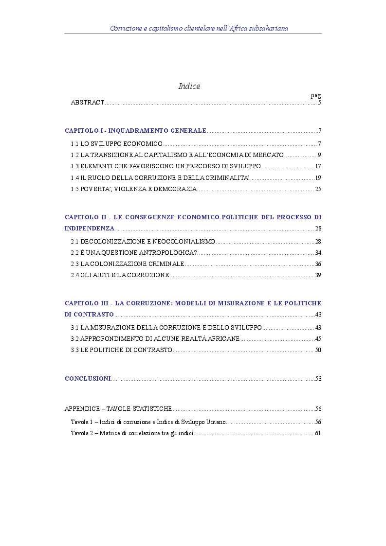Indice della tesi: Corruzione e capitalismo clientelare nell'Africa subsahariana, Pagina 1
