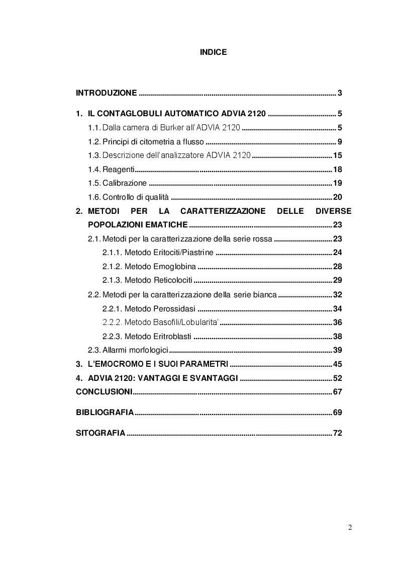 Indice della tesi: Il Contaglobuli automatico ''ADVIA 2120'', Pagina 1