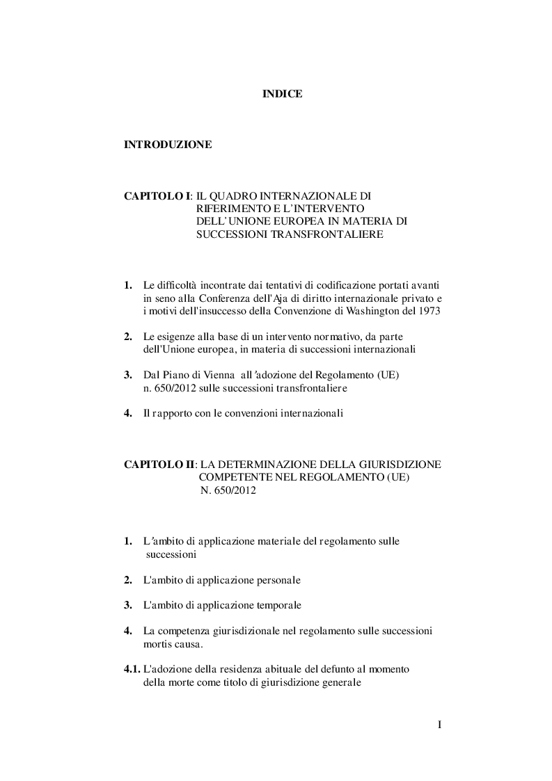 Indice della tesi: Conflitti di giurisdizione e riconoscimento di sentenze nelle successioni internazionali, Pagina 1
