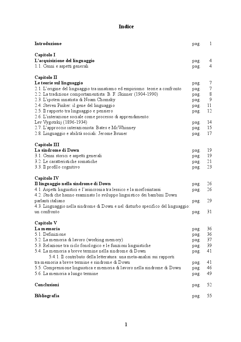 Indice della tesi: Linguaggio e memoria nei bambini con sindrome di Down, Pagina 1