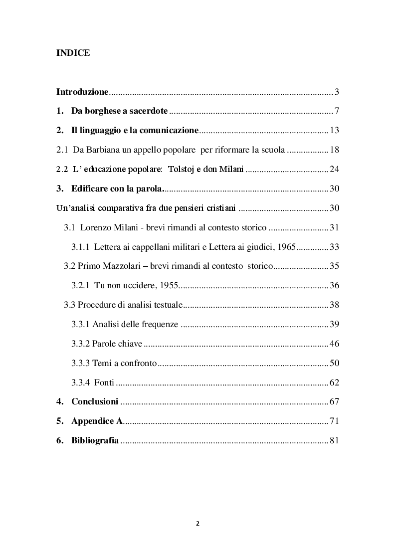 Indice della tesi: Don Lorenzo Milani. Edificare con la parola., Pagina 1