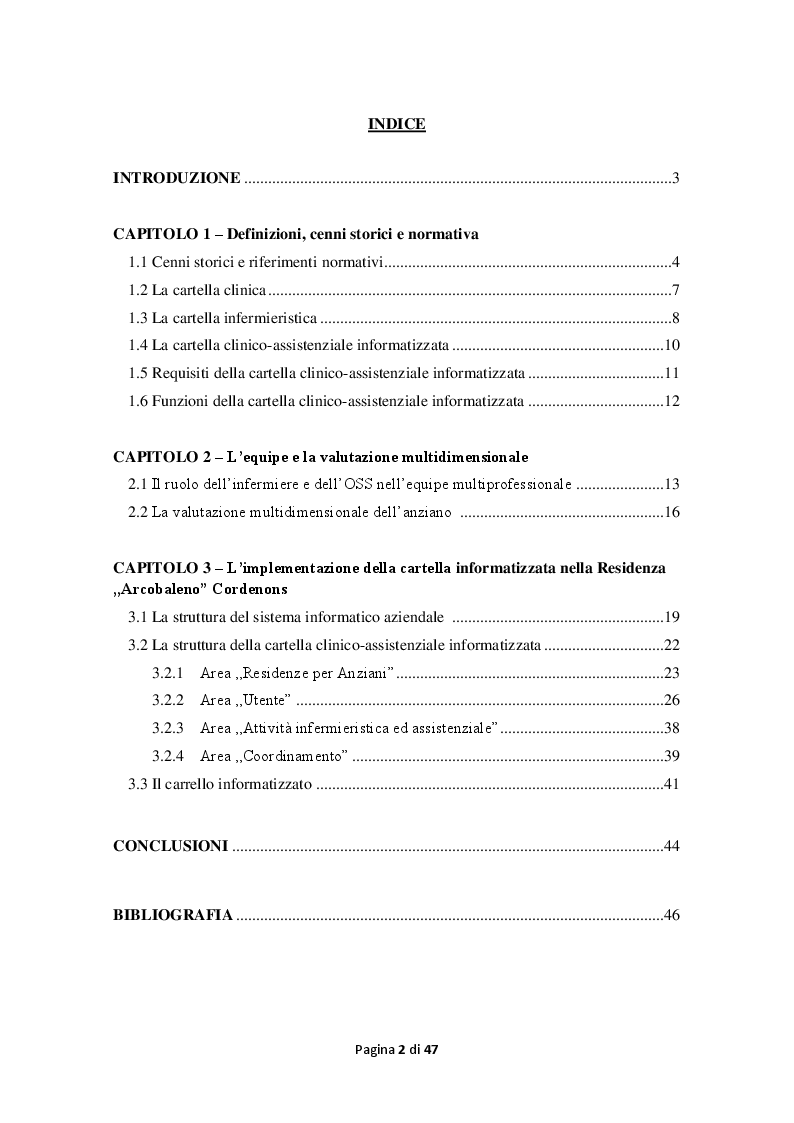 Indice della tesi: La cartella clinico-assistenziale informatizzata: strumento per migliorare il management sanitario nelle Residenze per Anziani, Pagina 1