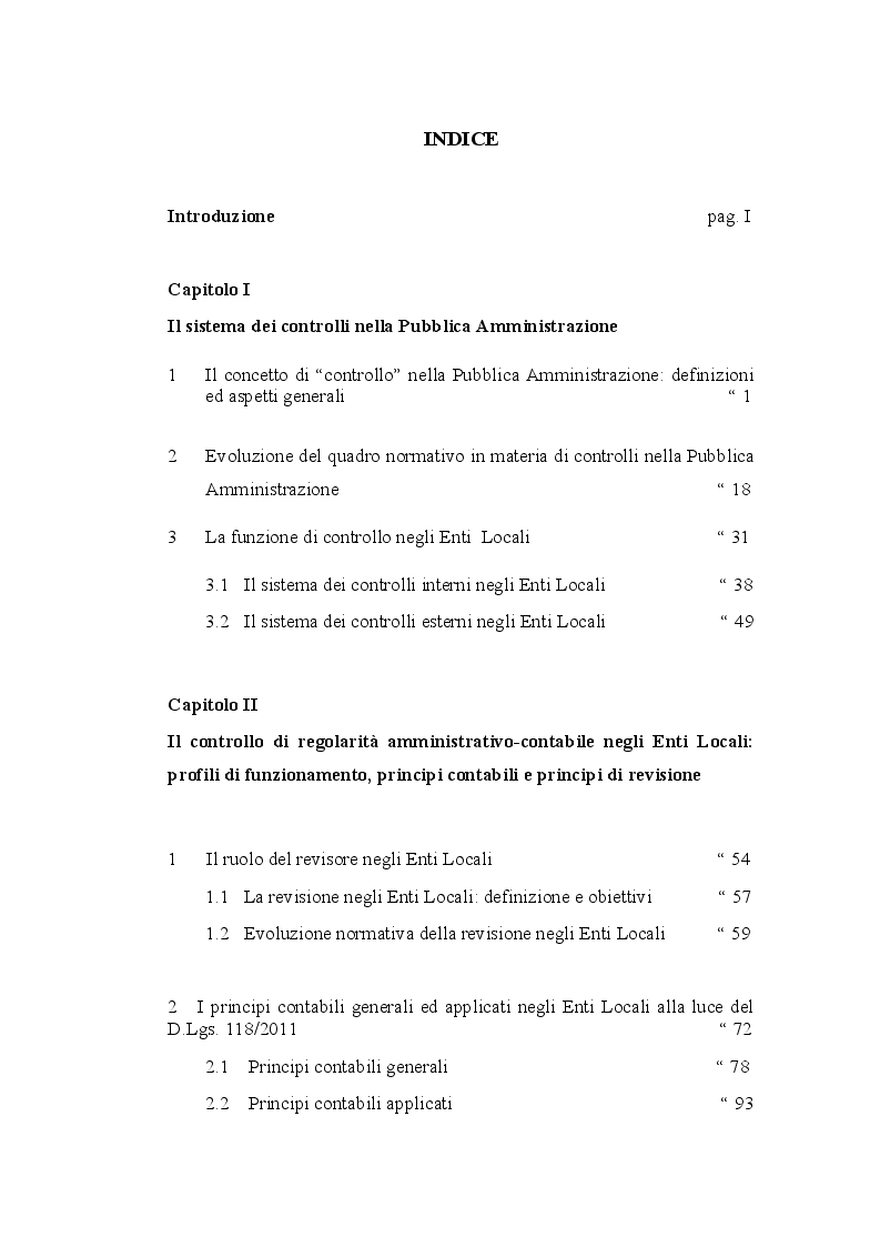 Indice della tesi: Il controllo di regolarità amministrativa e contabile negli Enti Locali: l'applicazione dei principi di revisione, Pagina 1