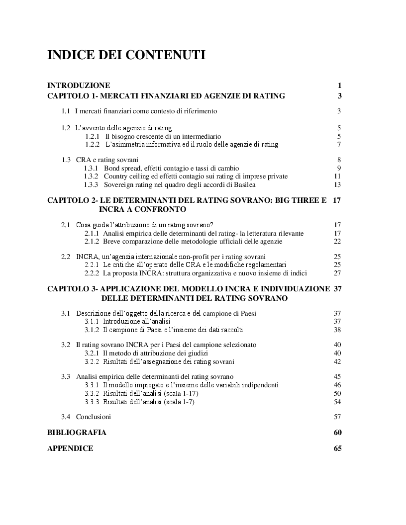 Indice della tesi: Il rating sovrano INCRA e gli shadow rating, Pagina 1