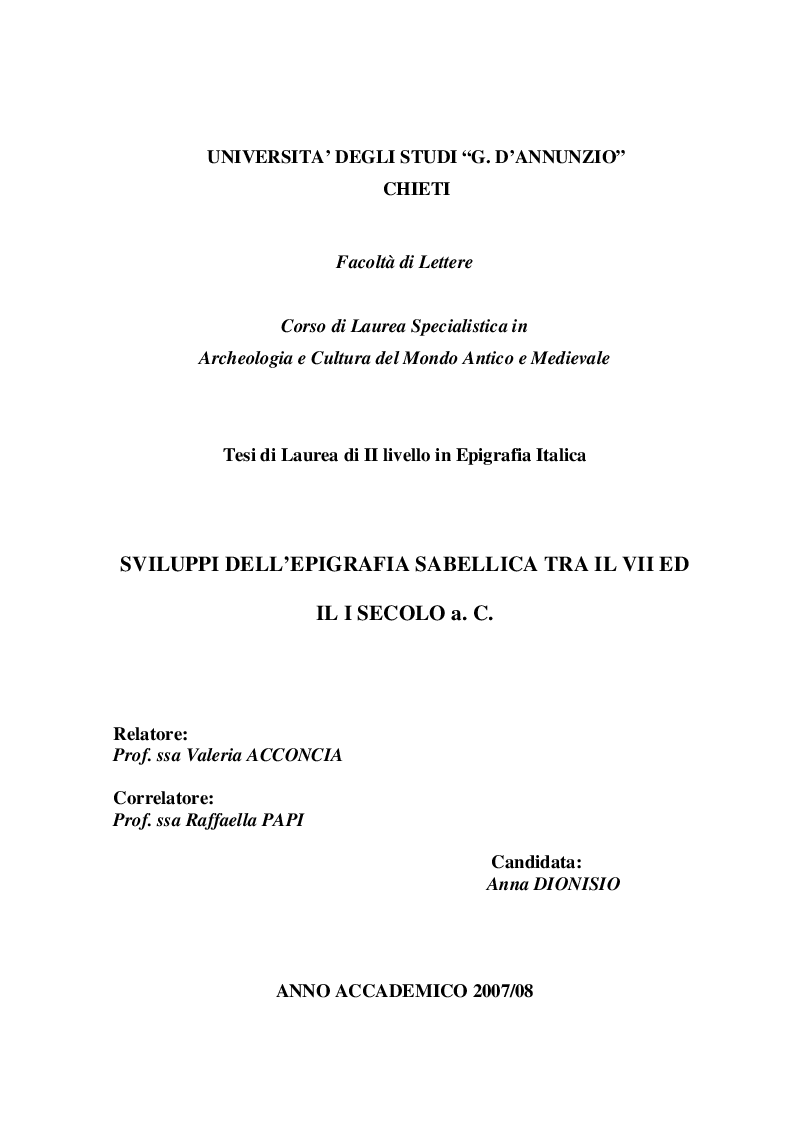 Anteprima della tesi: Sviluppi dell'epigrafia sabellica tra il VII e il I secolo a.C., Pagina 1