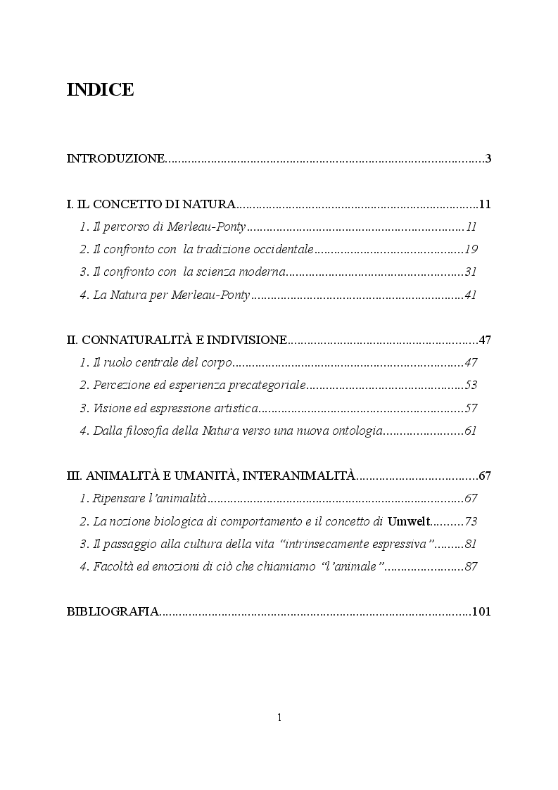 Indice della tesi: La riscoperta della connaturalità. Natura, uomo e animalità nelle ''Lezioni al Collège de France 1956-1960'' di Maurice Merleau-Ponty, Pagina 1