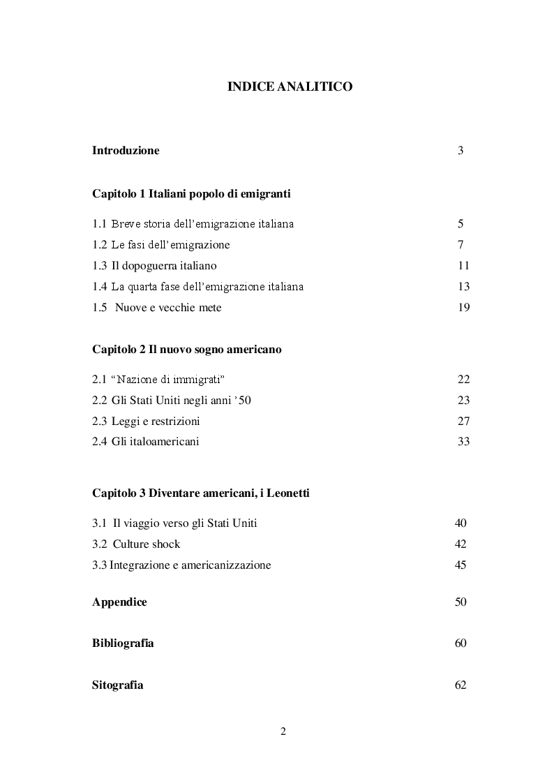 Indice della tesi: L'emigrazione italiana nel secondo dopoguerra: la famiglia Leonetti e gli Stati Uniti degli anni '50 del Novecento, Pagina 1