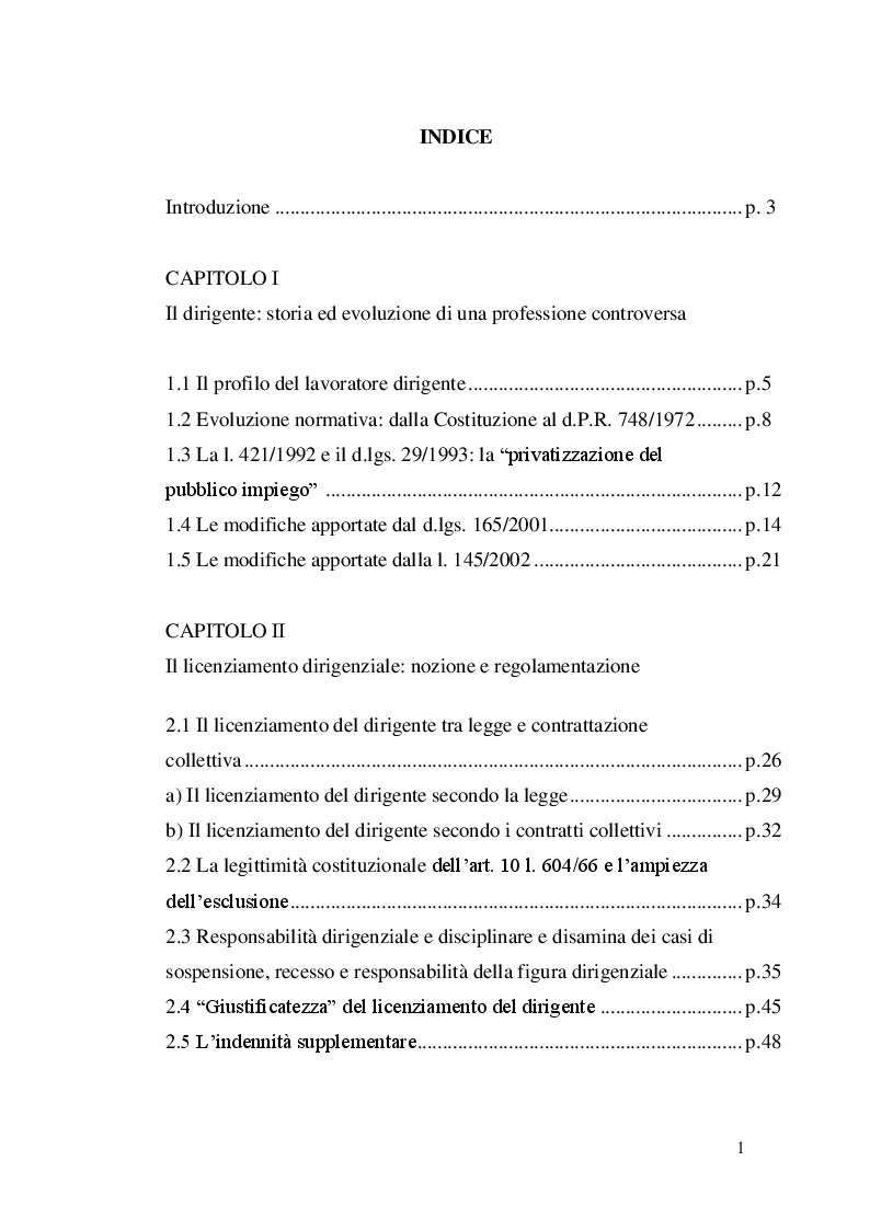 Indice della tesi: Il licenziamento del dirigente (storia ed evoluzione di una professione controversa), Pagina 1