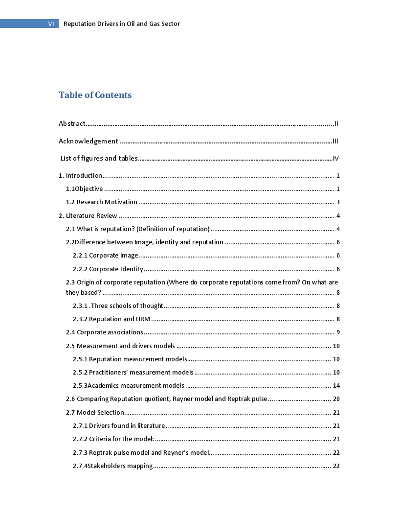 Indice della tesi: Reputation Drivers in Oil and Gas Sector, Pagina 1
