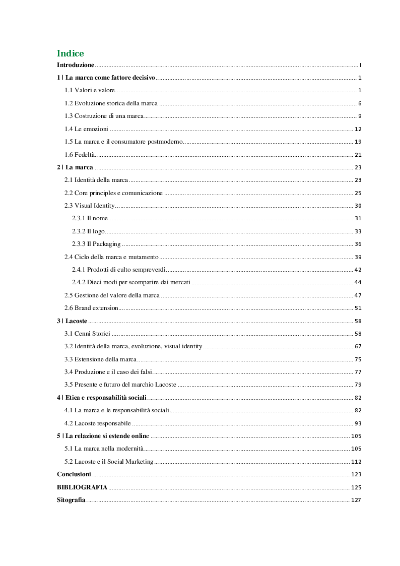 Indice della tesi: La comunicazione di marca tra nuovi strumenti e responsabilità sociali. Il caso Lacoste, Pagina 1